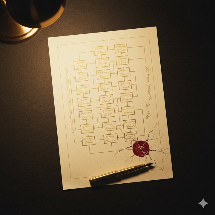 An architectural-style business process blueprint in antique gold on cream paper, stamped with a deep oxblood-red ink seal. Fine hairline cracks spread outward from the stamp, fracturing the diagram — the specification breaking under its own weight.