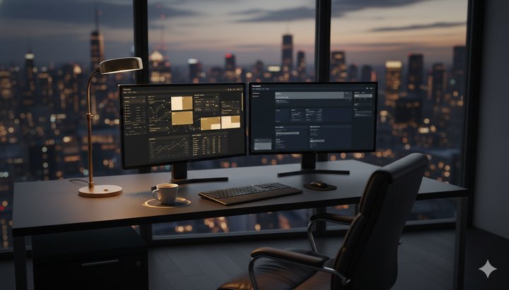A dimly lit executive office at dusk, dual monitors displaying Power BI dashboards, an empty leather chair, a city skyline beyond the glass — the workspace of a report built in a boardroom, opened by no one.