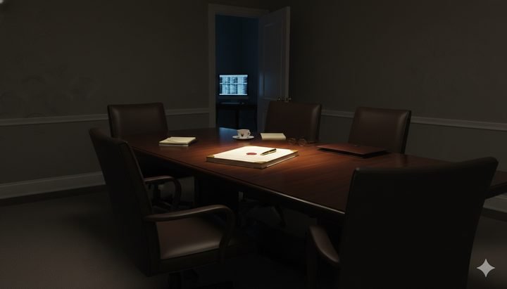 A signed specification document and fountain pen lit by warm gold light at the centre of a polished dark boardroom table. Around the table, leather chairs hold papers and coffee cups — except one chair pulled empty at the foreground, the developer's seat. Through an open doorway in the background, a single monitor glows faintly cold-blue with raw data nobody is reading.